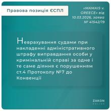 Неврахування судами при накладенні адмінштрафу виправдання особи у кримінальній справі за одне і те саме діяння є порушенням Конвенції