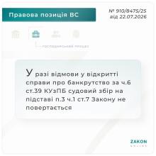 У разі відмови у відкритті справи про банкрутство за ч.6 ст.39 КУзПБ судовий збір не повертається