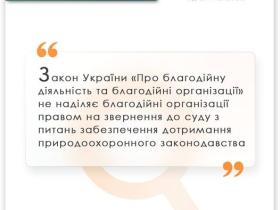 ЗУ "Про благодійну діяльність та благодійні організації" не наділяє БО правом на звернення до суду з питань забезпечення дотримання природоохоронного законодавства
