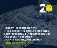 Проєкт Постанови КМУ «Про внесення змін до Порядку державної реєстрації (перереєстрації) лікарських засобів» містить корупційні ризики. Позиція Комітету АПУ