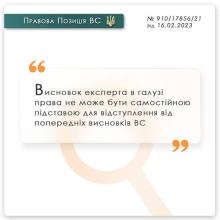 Висновок експерта в галузі права не може бути самостійною підставою для відступлення від попередніх висновків ВС