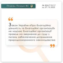 ЗУ "Про благодійну діяльність та благодійні організації" не наділяє БО правом на звернення до суду з питань забезпечення дотримання природоохоронного законодавства
