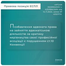 Позбавлення адвоката права на зайняття адвокатською діяльністю за критику керівництва своєї профасоціації є порушенням ст.10 Конвенції