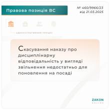 Скасування наказу про дисциплінарну відповідальність у вигляді звільнення недостатньо для поновлення на посаді