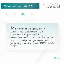 Можливість вирішення цивільного позову про стягнення грошової компенсації моральної шкоди не потребує залучення ВРУ та/або ДПС