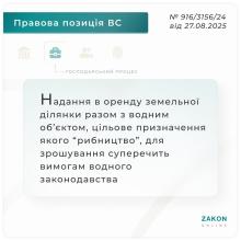 Оренда ділянки разом з водним об'єктом, цільове призначення якого "рибництво", для зрошування суперечить вимогам водного законодавства