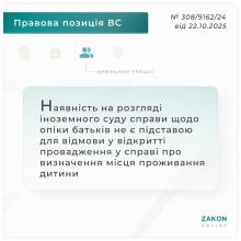 Наявність в іноземному суді справи щодо опіки батьків не заважає у відкритті провадження щодо визначення місця проживання дитини