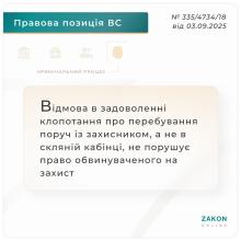 Відмова в задоволенні клопотання про перебування поруч із захисником, а не в скляній кабінці, не порушує право обвинуваченого на захист