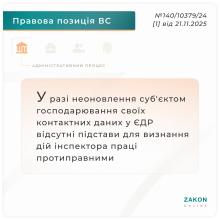 У разі неоновлення суб'єктом господарювання контактних даних у ЄДР відсутні підстави для визнання дій інспектора праці протиправними