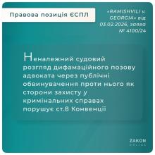 Неналежний судовий розгляд дифамаційного позову адвоката через публічні обвинувачення проти нього порушує ст.8 Конвенції