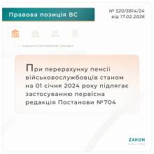 При перерахунку пенсії військовослужбовців станом на 01.01.2024 підлягає застосуванню первісна редакція Постанови №704