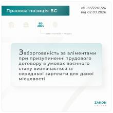 Заборгованість за аліментами при призупиненні трудового договору в умовах воєнного стану визначається із середньої зарплати 