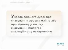 Ухвала слідчого судді про скасування арешту майна або про відмову у скасуванні підлягає апеляційному оскарженню
