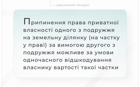 Відшкодування при припиненні права власності одного з подружжя на земельну ділянку за вимогою другого з подружжя