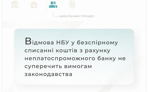 Відмова НБУ у безспірному списанні коштів з рахунку неплатоспроможного банку не суперечить вимогам законодавства