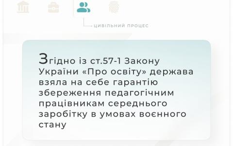 Згідно із ст.57-1 ЗУ "Про освіту" держава гарантує збереження педагогічним працівникам середній заробіток в умовах воєнного стану
