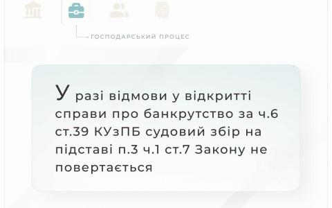 У разі відмови у відкритті справи про банкрутство за ч.6 ст.39 КУзПБ судовий збір не повертається